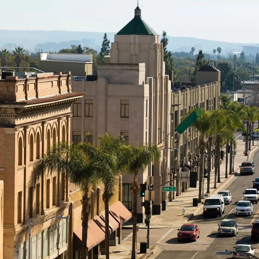 Downtown Santa Ana street view near 3rd and Broadway with historic buildings and palm trees – car accident attorney Santa Ana
