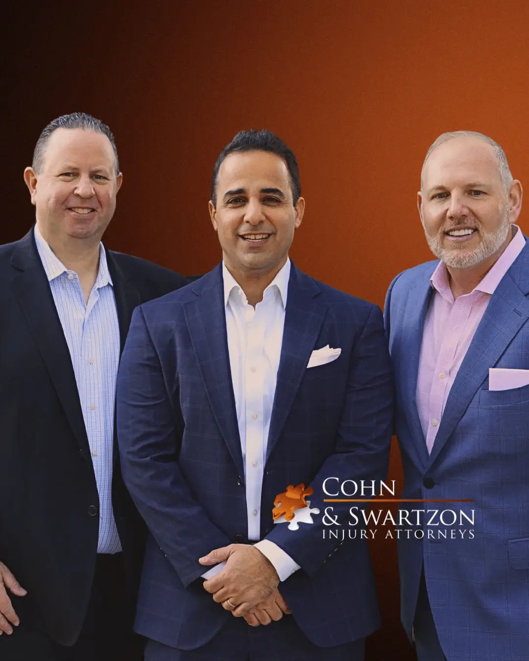 Top Rated Personal Injury Lawyers in Orange County. A professional photo of Jason Cohn, Oz Tannenbaum, and Saar Swartzon, the three partners of Cohn & Swartzon Injury Attorneys, standing together with confidence.