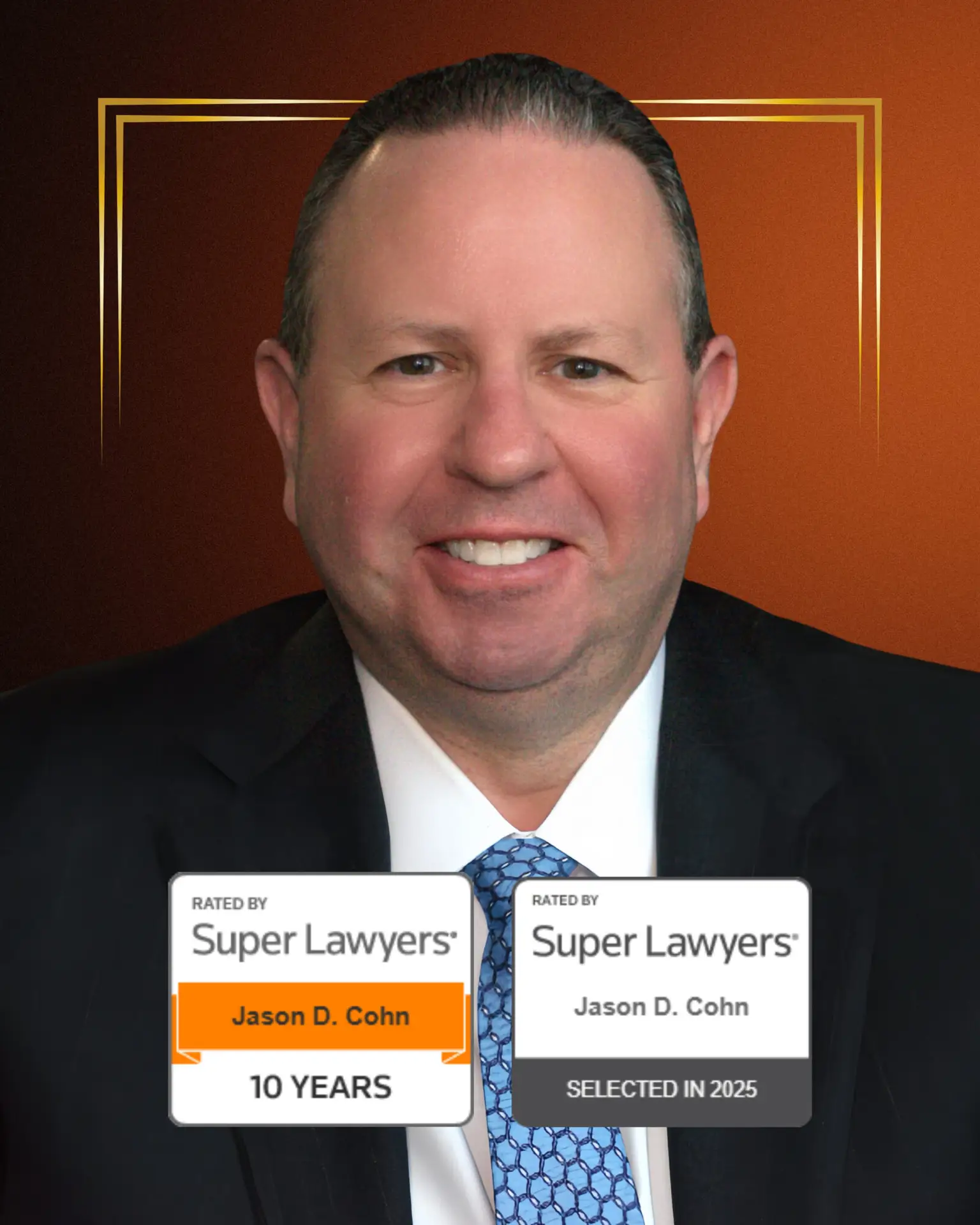 Jason Cohn, personal injury attorney and 10-year Super Lawyers honoree, smiling confidently in a suit.